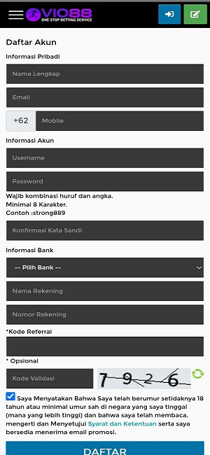 form daftar akun di aplikasi Vio88